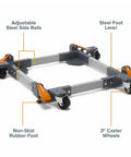 Heavy duty mobile base for power tools with caster wheels, adjustable steel side rails, non-skid rubber foot, and steel foot lever.