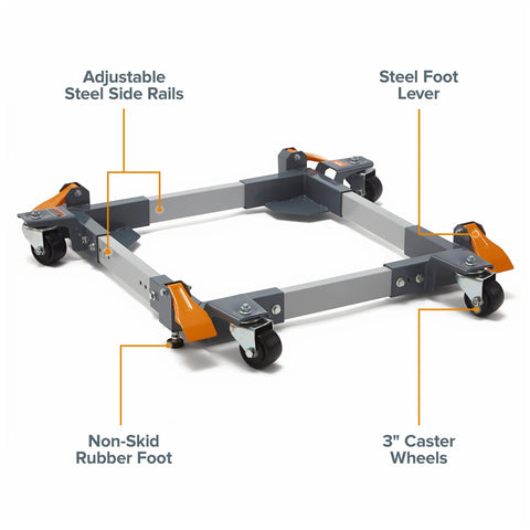Heavy duty mobile base for power tools with caster wheels, adjustable steel side rails, non-skid rubber foot, and steel foot lever.