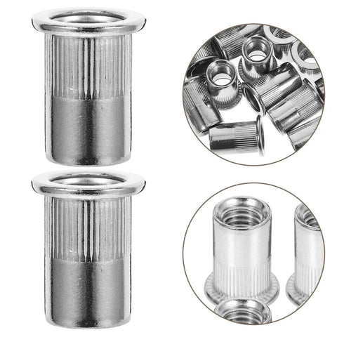 50 Pack M6 Stainless Steel Rivet Nuts Kit With Knurled Threaded Inserts And Flat Head For Vibration-Resistant Fastening, Rapid Assembly, Ideal For Furniture Repair And Thin Metal Sheets, stainless inserts