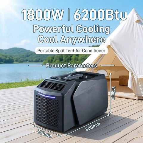 Dope Portable AC For Camping And RV 6200 BTU Windowless Cooler With Smart Timer Ultra Quiet Compact Cooling System on wooden deck.