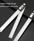 Hardcore Stainless Steel Digital Protractor With Bold Lcd Screen For Spot On 360 Degree Angle Measuring In Construction And Woodworking Gonna Help You Nail Every Cut Perfectly showing two stainless steel rulers with a digital display.