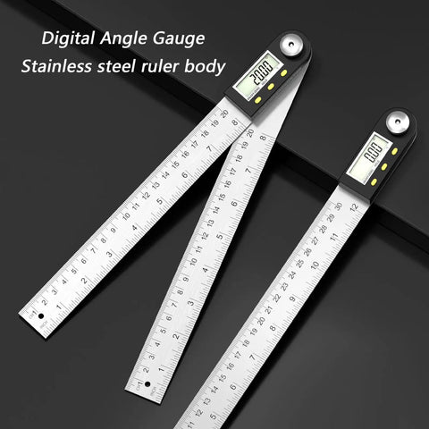 Hardcore Stainless Steel Digital Protractor With Bold Lcd Screen For Spot On 360 Degree Angle Measuring In Construction And Woodworking Gonna Help You Nail Every Cut Perfectly showing two stainless steel rulers with a digital display.