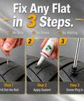 Three-step guide using 60 Piece Tire Repair Screws With Sealant Heavy Duty Tubeless Tire Plug Kit for flat tire fixing.