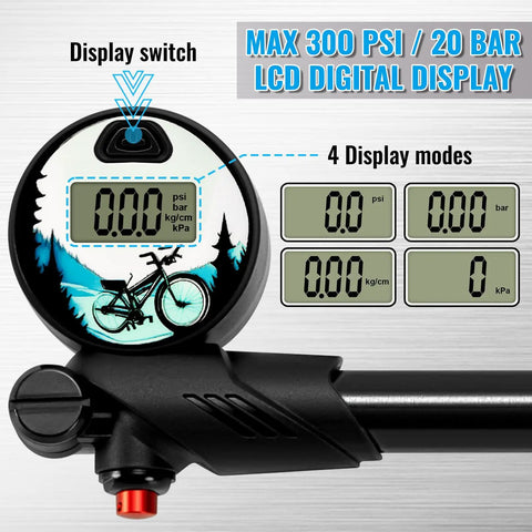 Close-up of digital shock pump display with mountain graphics and 300 psi max for mountain bikes with Presta/Schrader valves.