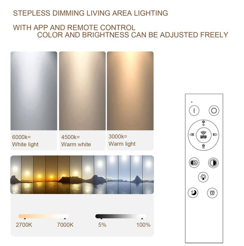 Remote control showing dimming features of Dimmable LED Ceiling Light With Remote Control Flush Mount Ring Fixture In Black Or White Aluminum Energy Efficient Ceiling Lamp For Living Room Bedroom And Kitchen Multiple Size Options 40cm 50cm 80cm