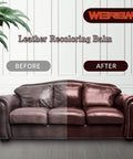 Before and after of a couch using Leather Recoloring Balm And Color Restorer For Couches Car Seats And Shoes Multipurpose Dye And Paint To Quickly Revive Faded Leather Fix Scratches Recolor And Restore Natural Oils For Furniture And Accessories Beige