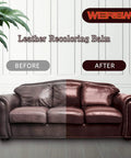 Dark Brown Leather Recoloring Balm restores faded couches, showing before and after results on worn leather upholstery.