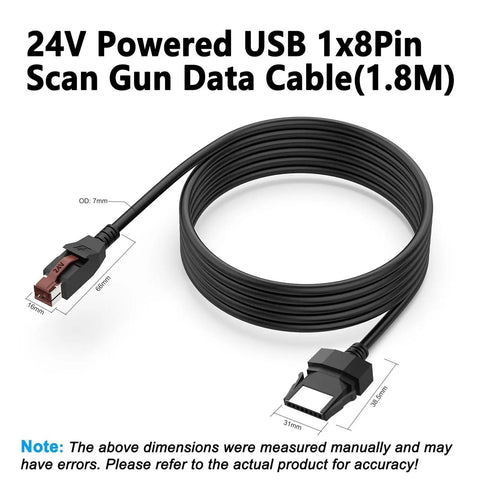 USB Barcode Scanner Cable For POS Systems And Printers, Durable PVC 5.9ft USB Cord, coiled and labeled with measurements.