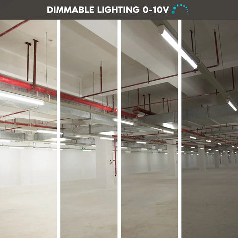 Installed Slim 3 Foot LED Shop Light Fixture, 25W, 3450 Lumens, 3 Color Temperature Options 3500K 4000K 5000K, 0 To 10V Dimmable