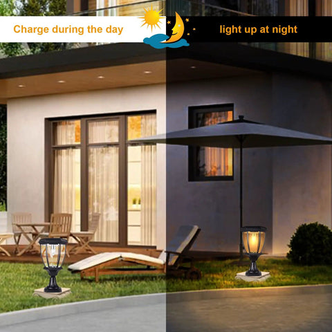 Solar Post Lights Outdoor All Weather Waterproof Pillar Led Deck Lights With Clear Glass For Porch Railing And Patio Warm White Glow Black Finish Two Pack With Rust Resistant Cast Aluminum And Monocrystalline Solar Panel charging and glowing by patio.