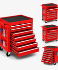 Hella Solid Rolling Tool Chest With Seven Ball Bearing Drawers That Glide Like Butter Plus Lockable Heavy Duty Steel Frame Designed For Garage Auto Shop Or Warehouse Storage In Red, showcasing multiple angles and drawer details.