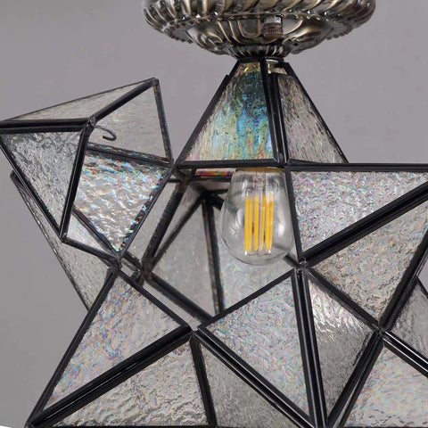 Close-up of Clear Glass Moravian Star Tiffany Style Semi Flush Mount Ceiling Fixture 12 Inch with bulb detail.