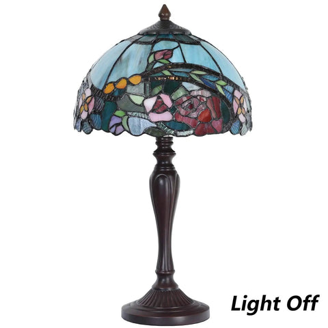 Rose Flower Tiffany Style Stained Glass Table Lamp With 12 Inch Wide Lampshade And 21 Inch Tall Red Handmade Lighting, Light Off