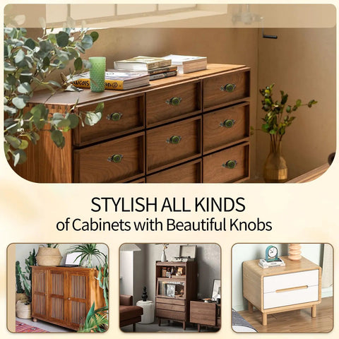 Fresh Green Cabinet Knobs With Vintage Tile Pattern Zinc Alloy Screw Back Hardware on stylish wooden dresser display.