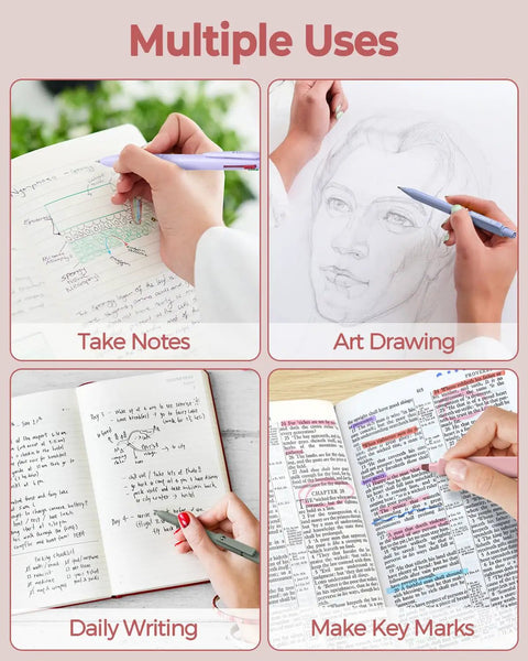 Multiple uses of 56 Piece Cute Pink Pencil Case Back To School Preppy Style Stationery Kit for notes, art, writing, and highlighting.