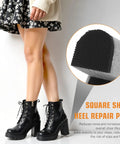 Square shoe heel repair pad close-up on boot illustrating 8 Pack High Heel Patches Rubber Heel Caps Non Slip Tread Pads Replacement Square Soles For Heels Durable Anti Slip Protectors For Boots And Shoes Easy Install 6.2x6.2x0.4 cm.