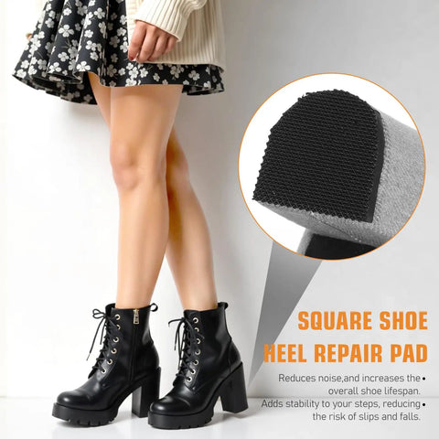 Square shoe heel repair pad close-up on boot illustrating 8 Pack High Heel Patches Rubber Heel Caps Non Slip Tread Pads Replacement Square Soles For Heels Durable Anti Slip Protectors For Boots And Shoes Easy Install 6.2x6.2x0.4 cm.