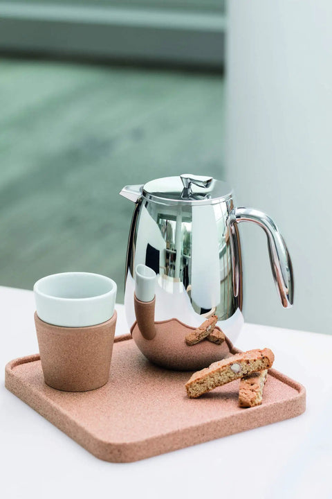 Thermal French Press Coffee Maker 51 Oz Double Wall Stainless Steel Insulated Plunger with cookies on a cork tray.