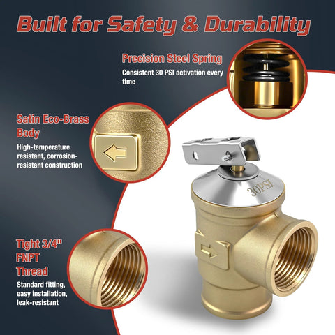 Brass 3/4 in FNPT automatic pressure relief valve with lever, 30 PSI for hot water boilers and hydronic systems.
