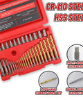 Open red case displaying 39 Piece Screw Extractor Set With Left Hand HSS Drill Bits, multi-spline extractors, spiral and cobalt drills.