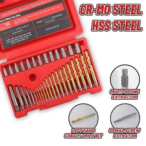 Open red case displaying 39 Piece Screw Extractor Set With Left Hand HSS Drill Bits, multi-spline extractors, spiral and cobalt drills.