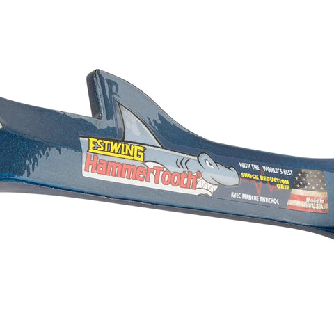 Label detailing on Hammertooth Hammer 22 oz USA Made Straight Rip Claw Hammer with Shock Reduction Grip.