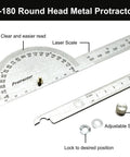 Heavy Duty Stainless Steel Angle Protractor With Two Smooth Sliding Arms For No Sweat Adjustments Built For Serious Woodworking And Machinist Layout Work Featuring Dual Metric And Imperial Scale With Laser Etched Markings For Top Shelf Accuracy On Any, showing a 0-180 round head design.