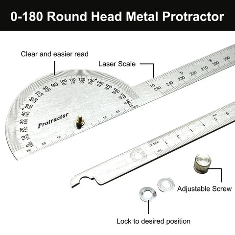 Heavy Duty Stainless Steel Angle Protractor With Two Smooth Sliding Arms For No Sweat Adjustments Built For Serious Woodworking And Machinist Layout Work Featuring Dual Metric And Imperial Scale With Laser Etched Markings For Top Shelf Accuracy On Any, showing a 0-180 round head design.