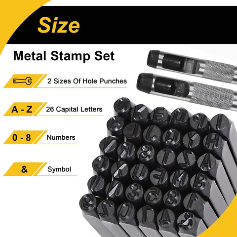 Half Inch Metal Stamping Kit 36 Piece Steel Letter Stamp Set with two punch tools and symbols for crafting projects