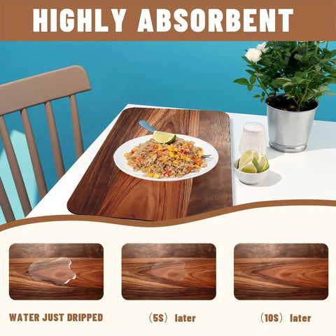 Natural Brown Rustic Wood Grain Dish Drying Mats Two Pack Absorbent Non Slip Kitchen Counter Mats For Coffee Machines 12 By 20 Inches, shown with food plate on mat.
