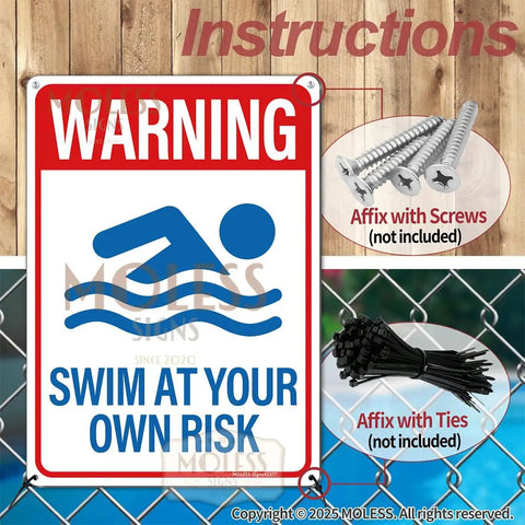 Two Pack Pool Safety Signs Bundle 14x10 Outdoor Pool Signs Stay Safe By The Pool Watch Your Kids Swim At Your Own Risk Weatherproof 0.040 Aluminum Easy To Mount Durable For Backyard Pools PSP-2403 displayed on a fence with instructions for mounting using screws or ties.