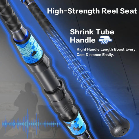 Close-up of Surf Fishing Rod And Reel Combo 4 Piece MH Heavy Saltwater Performance Gear with blue graphite details and reel seat.