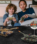 Two children playing with a 1 24 RC Battle Tank Set with T90 and Leopard Tanks, featuring realistic sounds and lights indoors.