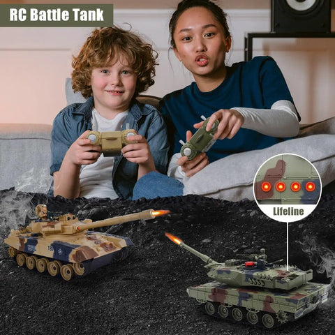 Two children playing with a 1 24 RC Battle Tank Set with T90 and Leopard Tanks, featuring realistic sounds and lights indoors.