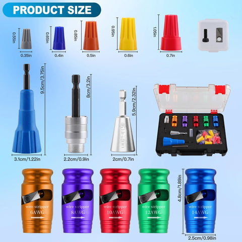 Size chart for Heavy Hitting Drill Mounted Wire Stripper And Twister Kit For Solid 6 Through 14 Awg Cables with mandrels and connectors.
