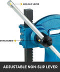 Close-up of adjustable non-slip lever and adjusting screw on Heavy Duty Manual Arbor Press Built Like A Tank From Solid Cast Iron.