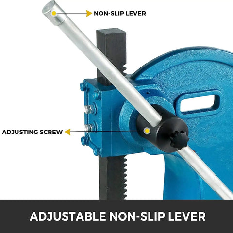 Close-up of adjustable non-slip lever and adjusting screw on Heavy Duty Manual Arbor Press Built Like A Tank From Solid Cast Iron.
