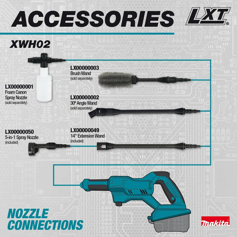 Accessories for No Cord Power Cleaner 320 PSI 0.7 GPM, 5-in-1 spray nozzle, foam cannon, brush, angle wand, extension wand
