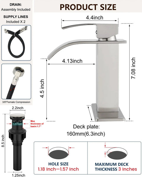 Waterfall Bathroom Faucet In Brushed Nickel 1 Or 3 Hole Deck Mount SUS304 Stainless Steel Sink Tap dimensions and drain details.