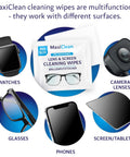 MaxiClean lens and screen cleaning wipes packet, pre-moistened, for eyeglasses and device screens; five items shown.