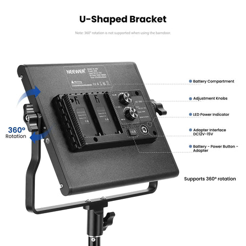 Back view of 2 Pack Bi Color 660 LED Video Light Kit With Stands, showing U-shaped bracket and controls.