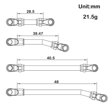Beefed Up High Clearance SCX24 Chassis And Steering Link Upgrade Set For Axial SCX24 C10 Bronco Wrangler 1 24 RC Crawler Aluminum Brass Pivot Balls And Nylon Rod Ends Three Material Options Including Brass Aluminum Titanium, dimension drawing 28.5-48mm