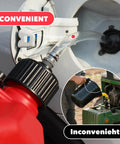 Rugged Heavy Duty Racing Fuel Jug Replacement Kit with hose in vehicle fuel tank, inset image of fuel pouring into engine