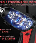 Killer 3.6V Cordless Electric Screwdriver Kit With Mini Drill Bits And One Touch Switch showcasing motor details and specs for DIY tasks.