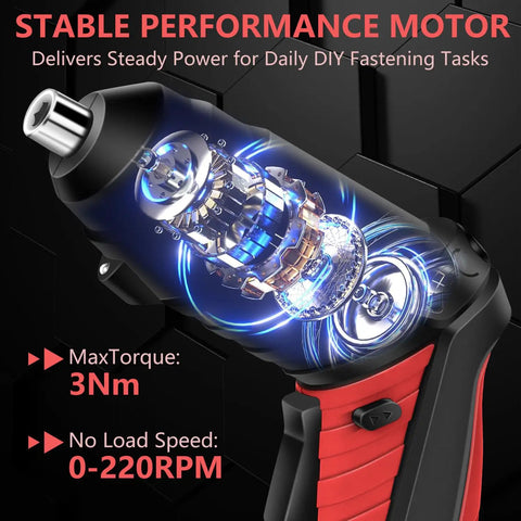 Killer 3.6V Cordless Electric Screwdriver Kit With Mini Drill Bits And One Touch Switch showcasing motor details and specs for DIY tasks.