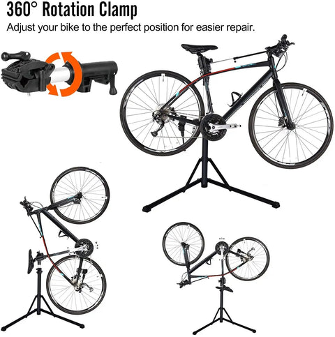 Foldable Bike Repair Stand With Height Adjustable Arm, supporting a bike with 360° rotation clamp, sturdy triangular base
