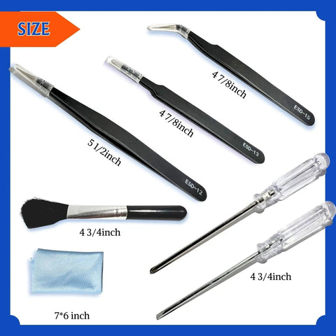 Gundam Model Tool Kit 28 Piece All In One Hobby Building Set details with tweezers, brush, and screwdrivers, various sizes shown.