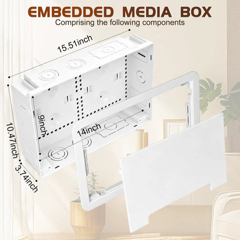Premium In Wall TV Media Box For Slick Cable Concealment And Hidden Outlet Storage Heavy Duty Structured Wiring Enclosure with dimensions shown.