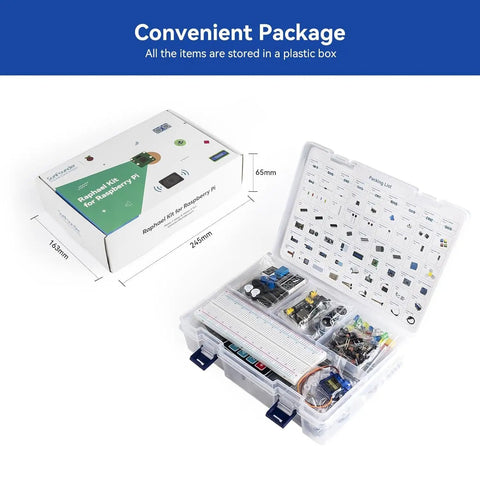 Raphael Raspberry Pi Starter Kit For Beginners With 337 Components box and organized contents in plastic storage case.