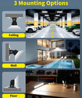 Super Brighter 5400LM 45W LED Shop Light installed in ceiling, wall, and floor setups for garage, poolside, and workshop use